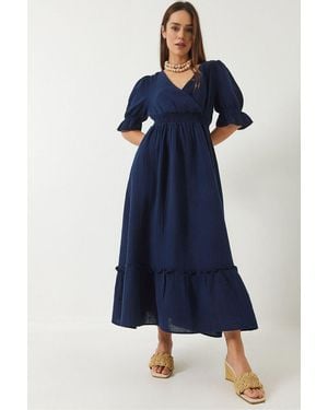 Bianco Lucci V-Neck Textured Midi Dress With Elastic Detail - Blue