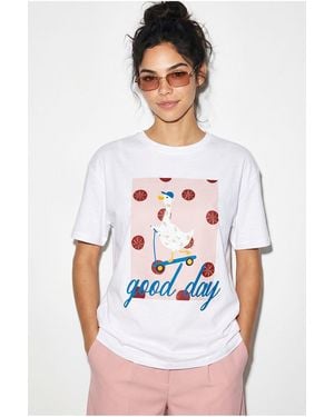 Bianco Lucci Geprinte Relaxed Fit Crew Neck T-Shirt - Wit