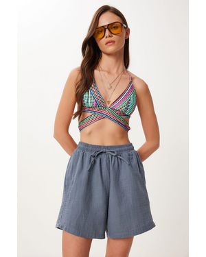 Happiness İstanbul High Waist Wide Leg Cotton Shorts - Blue