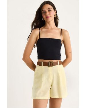 Bianco Lucci Linen Blend Relaxed Fit Wide Leg Shorts With Pockets - Black