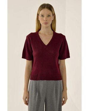 Hiccup V-Neck Short Sleeve Knit Jumper - Red