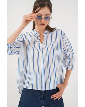 Bigdart Striped V-Neck Blouse - Blue