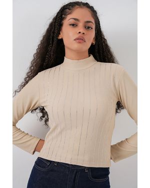 Bigdart Striped Half Turtleneck Long Sleeve Top With Stone Detail - Natural