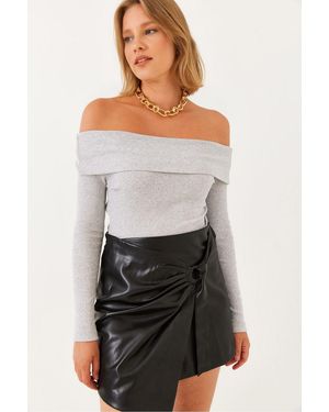 Bianco Lucci Ribbed Textured Blouse - Grey