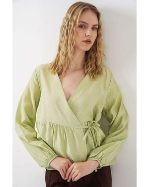 Bigdart V-Neck Tie Detail Crepe Wrap Blouse - Green