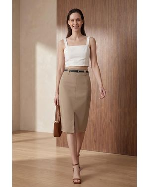 My Fashion High-Waist Midi Pencil Skirt With Slit - Brown