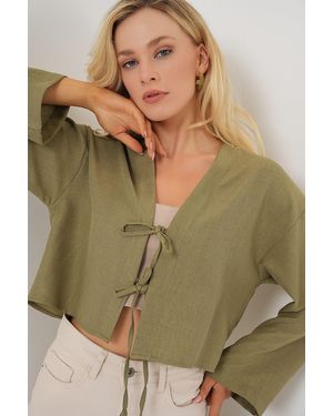 Bigdart Viscose Blend V-Hals Lange Mouw Kimono Met Binding Detail - Groen
