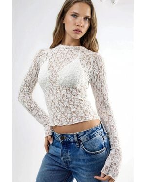 Busem Kanten Slim Fit Ronde Hals Blouse - Wit