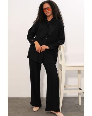 Bigdart Gestructureerde Overhemd En Brede Pantalon Set - Zwart