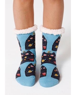Aloha From Deer "Space Cat" Sherpa Sokken - Blauw