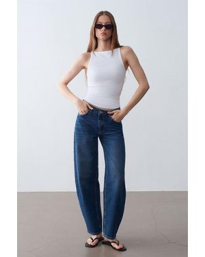 Dilvin Geribbelde Katoenen Halterblouse - Blauw