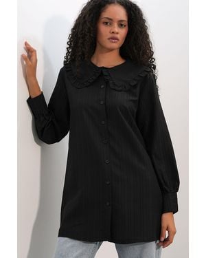 Bigdart Langarm Textured Shirt Met Babykraag - Zwart