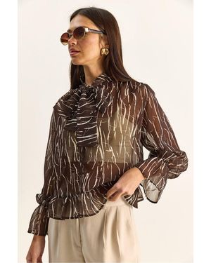 Bianco Lucci Abstract Print Choker Collar Chiffon Blouse With Tie Detail - Brown