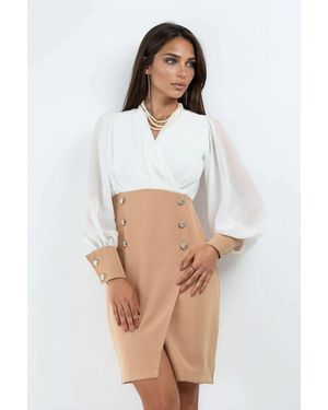 Msn-Collection V-Neck Midi Dress With Button Detail - White