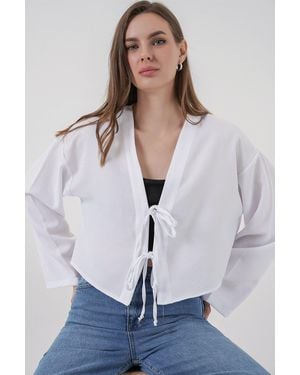 Bigdart Viscose Blend V-Neck Long Sleeve Kimono With Binding Detail - White