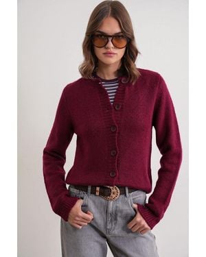 MixRay Geribbelde Brei Knopen Cardigan - Rood