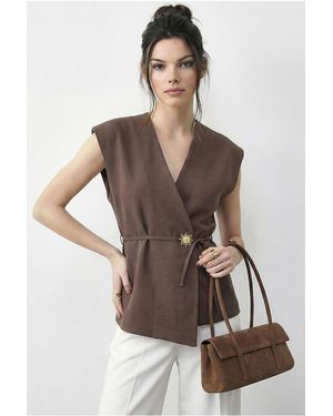 Bianco Lucci Belted V-Neck Crepe Waistcoat - Brown