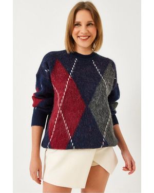Bianco Lucci Oversized Sweater Met Diamantprint - Blauw