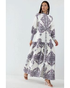 Msn-Collection Paisley Print Belted Maxi Dress With Shirt Collar - White