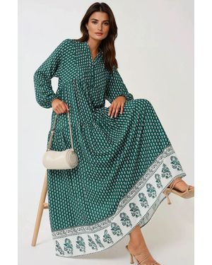 Hiccup Printed V-Neck Maxi Dress - Green