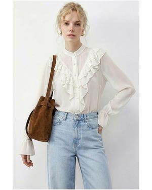 Bianco Lucci Frilly Mandarin Collar Long Sleeve Chiffon Shirt - Blue