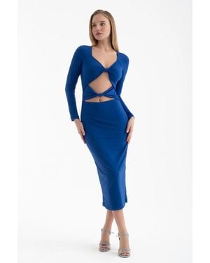 Hiccup Scoop Neck Cut Out Long Sleeve Midi Dress - Blue