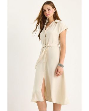 Bianco Lucci V-Hals Midi-Jurk Met Knopen En Binddetails - Naturel
