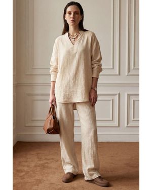 My Fashion V-Neck Blouse & Wide Leg Trousers Muslin Two-Piece Set - Brown