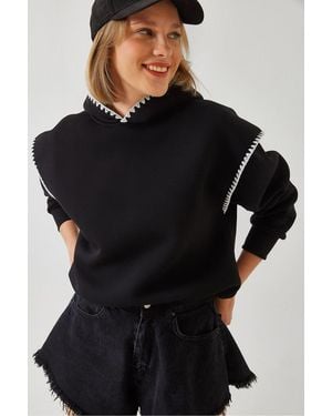 Bianco Lucci Hooded Lace Detail Relaxed Fit Hoodie - Black