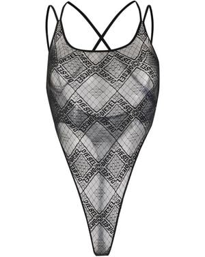 DIESEL Bodysuit Van Brita Met Logo Over Het Hele Oppervlak En Doorschijnende Stof - Grijs