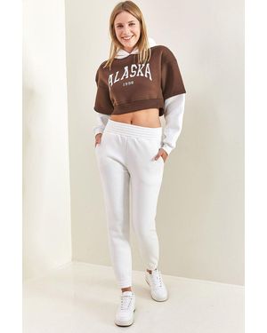 Bianco Lucci Hooded Crop Sweatshirt And Skinny Leg Tracksuit Set - Natural