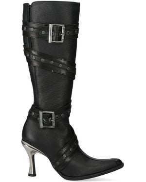 New Rock Leather Gothic Knee-High Heeled Boots - Black
