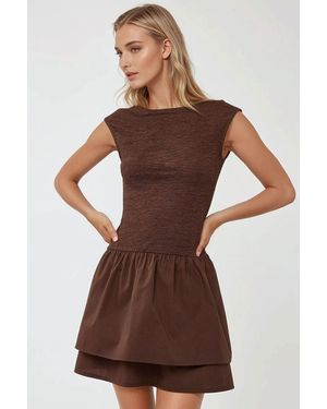 Hiccup Textured Mini Dress With Crew Neck - Brown