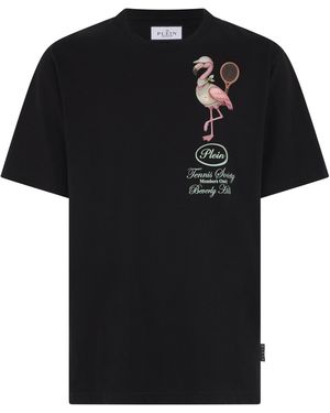 Philipp Plein Round Neck T-Shirt Flamingo Tennis Society - Zwart