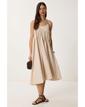 Happiness İstanbul Ruffled U Collar Midi Dress - Natural