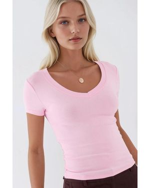 Busem Elastische V-Hals Korte Mouw T-Shirt - Roze