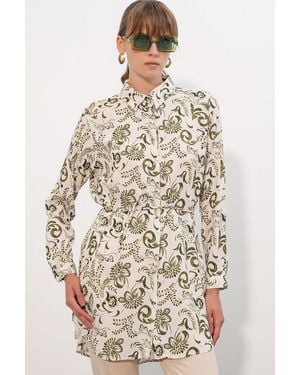 Bigdart Floral Viscose Crepe Belted Long Shirt - Natural