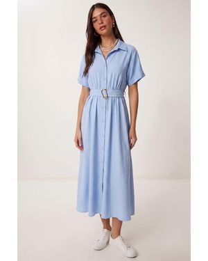 Happiness İstanbul Belted Poplin Shirt Midi Dress - Blue