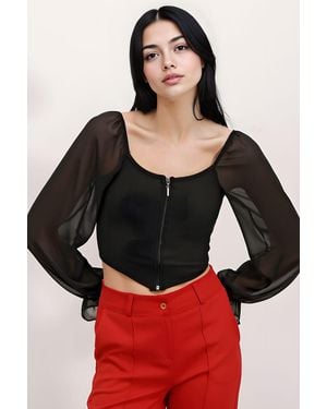 Bigdart Ribbed Zipper Crop Blouse With Square Collar - Red