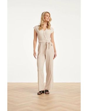 Smashed Lemon Gestreepte Jumpsuit Met Ingeweven Structuur - Naturel