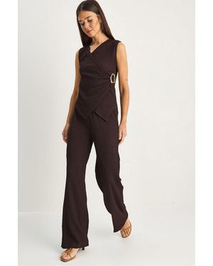 Bianco Lucci Ribbed Sleeveless Blouse And Wide-Leg Trousers Set - Brown