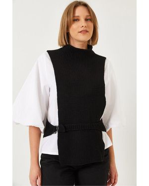 Bianco Lucci Textured Ribbed Turtleneck Top With Bow - Black
