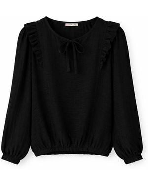 MixRay Textured Frilly Crew Neck Blouse - Black