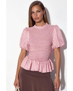 Busem Gestreepte Textuur Rimpel Blouse - Roze