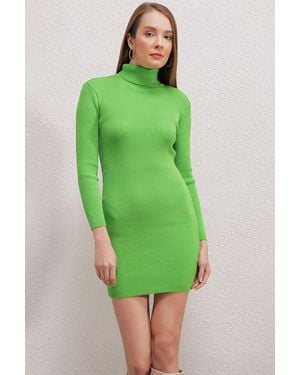 Bigdart Ribbed Turtleneck Mini Knit Dress - Green
