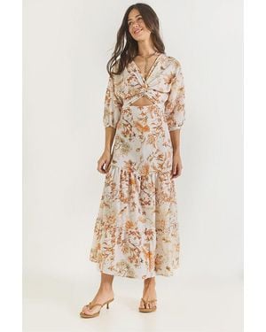 Bianco Lucci V-Neck Flowering Maxi Dress With Bow - Natural