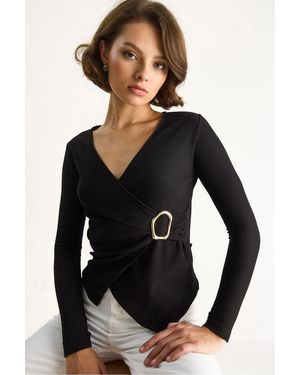 Bianco Lucci Double Breasted Blouse With Accessory Detail - Black