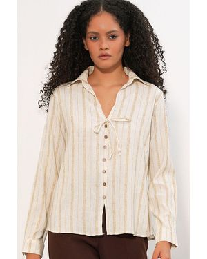 Bigdart Striped Linen Blend Shirt With Tie Detail - Natural