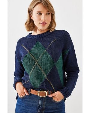 Bianco Lucci Geometric Pattern Knit Jumper With Crew Neck - Blue