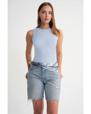 MixRay Ribbed Crew Neck Fitted Tank Top - Blue
